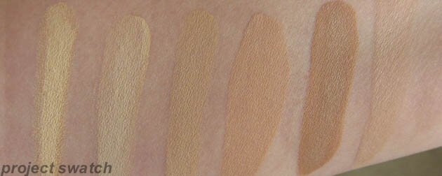 Foundation Swatches - Kevyn Aucoin SX04, MUFE 115, MUFE 120, Guerlain 02, Guerlain 03, Armani 5