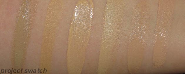 Foundation Swatches: Laura Mercier Bisque, Becca Camel, YSL B30, Illamasqua 6.5, Revlon Sand Beige, Wet n Wild Light-Medium