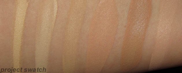 Foundation Swatches - Kevyn Aucoin SX04, MUFE 115, MUFE 120, Guerlain 02, Guerlain 03, Armani 5